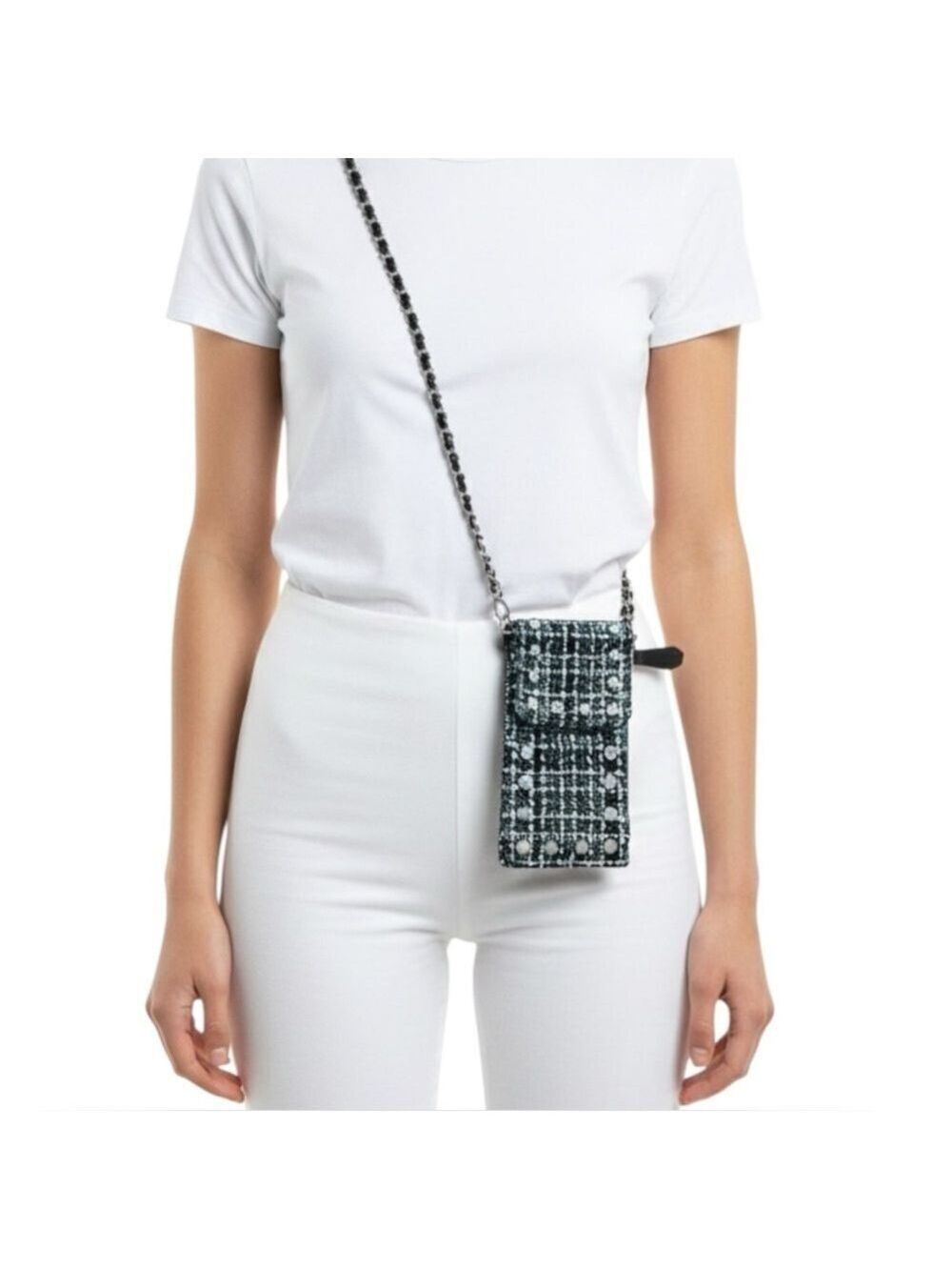 STEVE MADDEN Black & White Tweed Boucle CrossbodyPhone Bag w/ Faux Pearl Accents